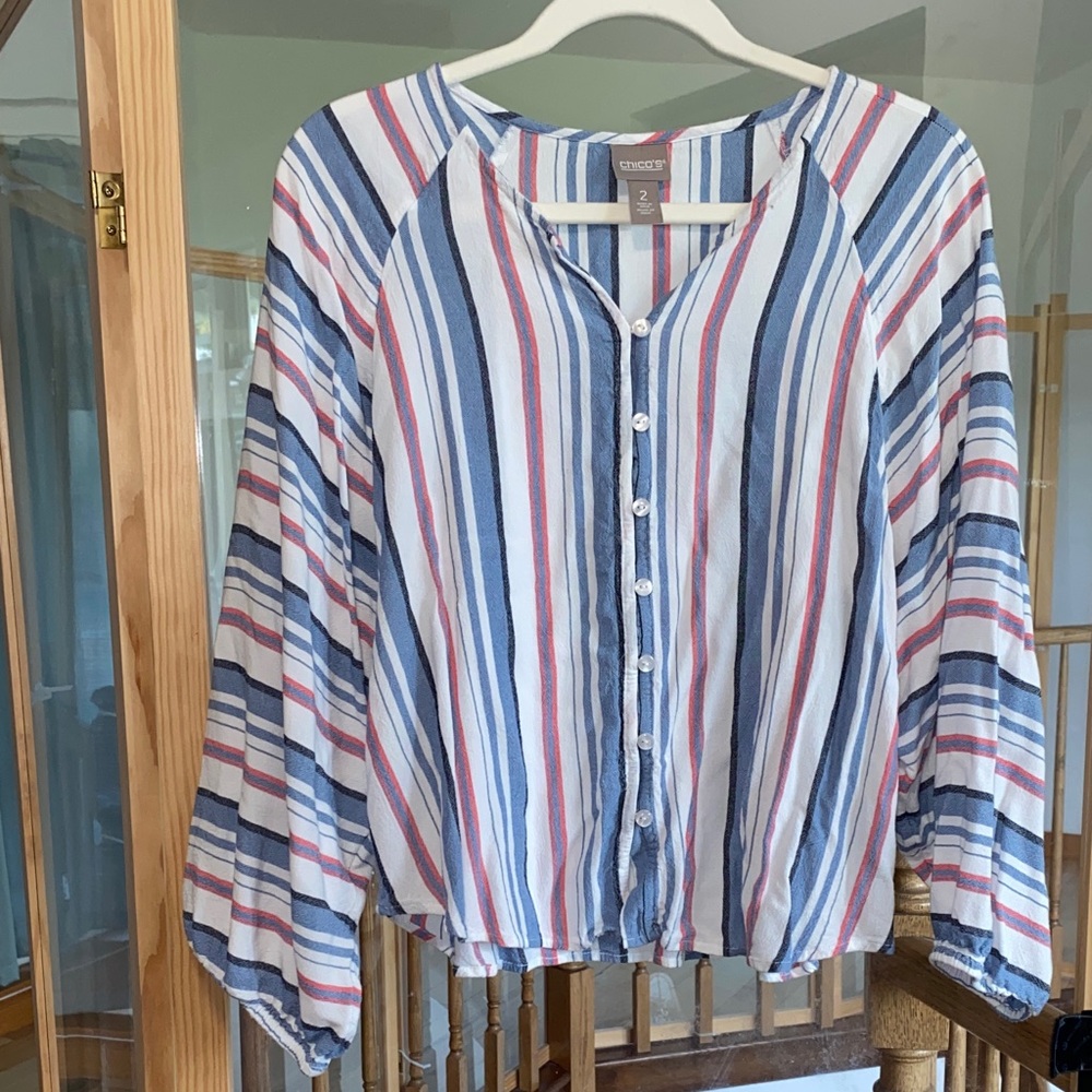 Chicos red, white, and blue dolman sleeve blouse. EUC